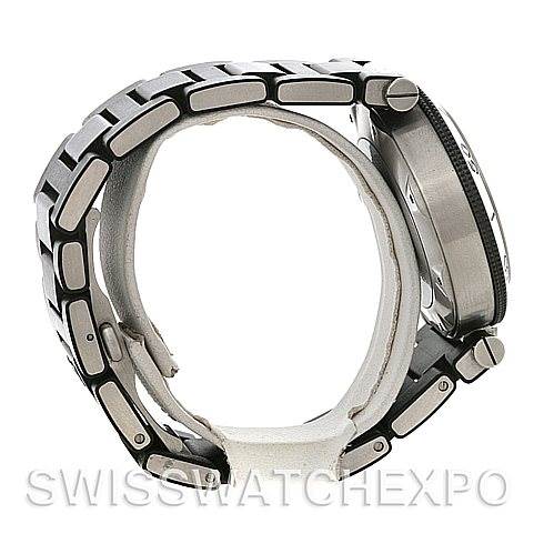 This image shows a side view of the Cartier Pasha W31077U2 Men's Stainless Steel Black Dial W31077U2 Men's Stainless Steel Black Dial watch, highlighting its bracelet and case profile.