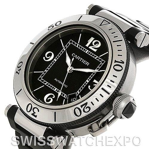 This image shows a Cartier Pasha W31077U2 Men's Stainless Steel Black Dial W31077U2 Men's Stainless Steel Black Dial watch from an angled side view, displaying the dial, bezel, crown, and part of the strap.