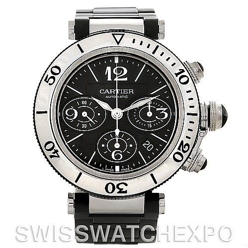 This image shows a frontal view of a Cartier Pasha W31088U2 Men's Stainless Steel Black Dial W31088U2 Men's Stainless Steel Black Dial model watch, displaying its black dial, chronograph subdials, and bezel.