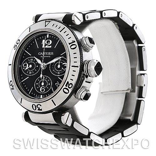 The image shows a side angle of a Cartier Pasha W31088U2 Men's Stainless Steel Black Dial W31088U2 Men's Stainless Steel Black Dial watch, highlighting the bezel, crown, pushers, and a partial view of the bracelet.