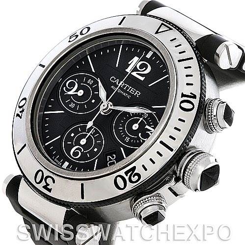 The image shows a Cartier Pasha W31088U2 Men's Stainless Steel Black Dial W31088U2 Men's Stainless Steel Black Dial model watch at an angle highlighting the bezel, dial, lugs, and crown with pushers.