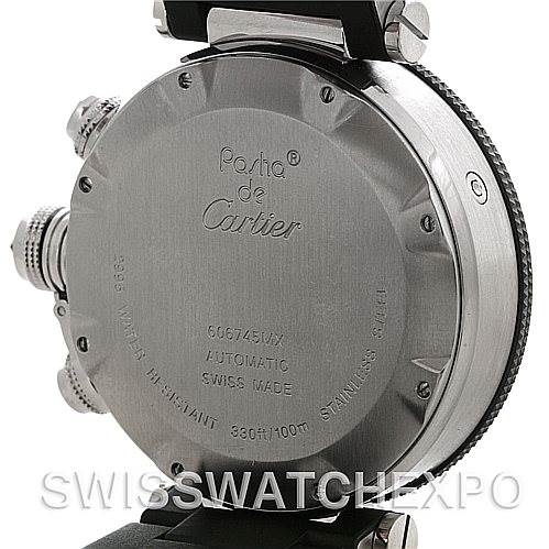 This image shows the back of the Cartier Pasha W31088U2 Men's Stainless Steel Black Dial W31088U2 Men's Stainless Steel Black Dial watch, highlighting the case back and engraving details.