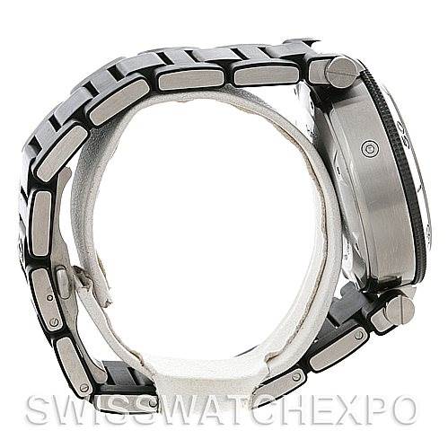 The image shows a side view of the Cartier Pasha W31088U2 Men's Stainless Steel Black Dial W31088U2 Men's Stainless Steel Black Dial watch, highlighting its case, crown, and bracelet.