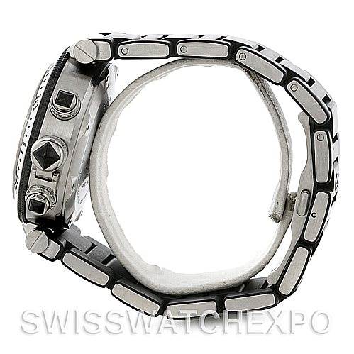 The image shows a side profile of the Cartier Pasha W31088U2 Men's Stainless Steel Black Dial W31088U2 Men's Stainless Steel Black Dial watch, highlighting its case, bezel, crown, and metal bracelet.