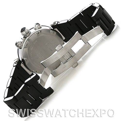 The image shows the back view of a Cartier Pasha W31088U2 Men's Stainless Steel Black Dial W31088U2 Men's Stainless Steel Black Dial watch highlighting the case back and the deployment clasp on the wristband.