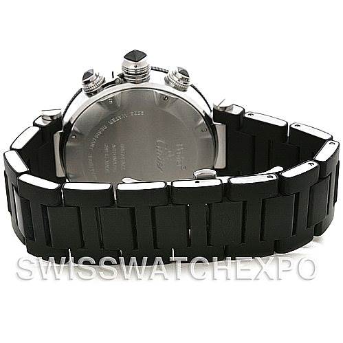 This image shows the back case and rubber strap of a Cartier Pasha W31088U2 Men's Stainless Steel Black Dial W31088U2 Men's Stainless Steel Black Dial model watch from a rear angle.