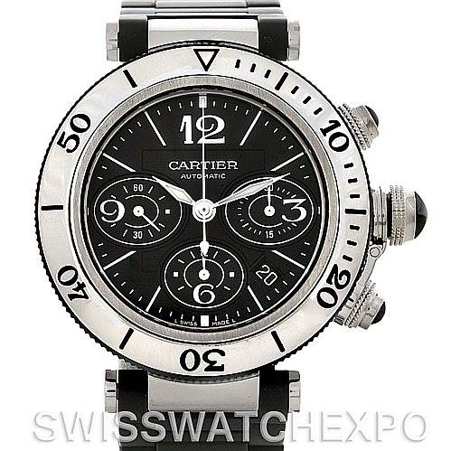 This image shows a front view of the Cartier Pasha W31088U2 Men's Stainless Steel Black Dial W31088U2 Men's Stainless Steel Black Dial watch, displaying its face, bezel, chronograph dials, and part of the strap.