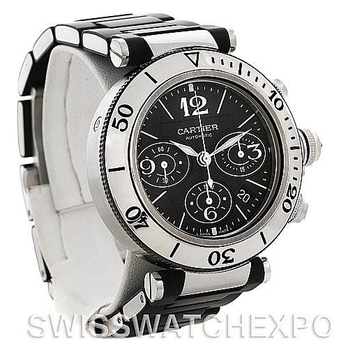 This image shows a Cartier Pasha W31088U2 Men's Stainless Steel Black Dial W31088U2 Men's Stainless Steel Black Dial model watch from a slightly angled front view, highlighting the bezel, dial, and part of the strap.