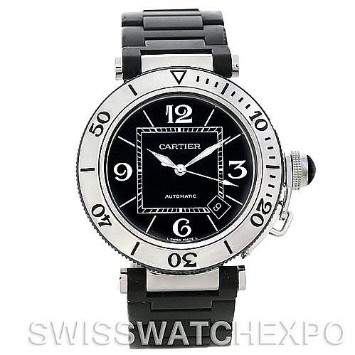 This image shows a front view of the Pasha model watch by Cartier, featuring its dial, bezel, and bracelet.