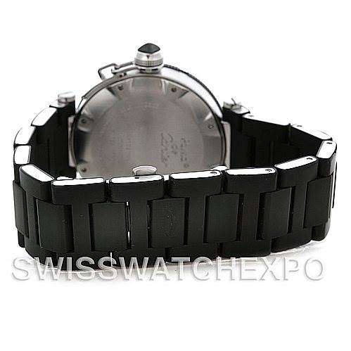 The image shows the rear view of the Cartier Pasha W31077U2 Men
s Stainless Steel Black Dial W31077U2 Men
s Stainless Steel Black Dial watch, including the watch case back and the black bracelet.