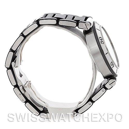 The image shows a side view of the Cartier Pasha W31077U2 Men
s Stainless Steel Black Dial W31077U2 Men
s Stainless Steel Black Dial watch, highlighting the bracelet and right side of the case and bezel.