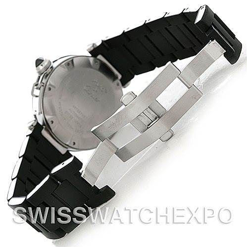The image shows the back and strap of a Cartier Pasha W31077U2 Men
s Stainless Steel Black Dial W31077U2 Men
s Stainless Steel Black Dial watch, including the clasp and some details of the case back.