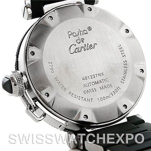 The image shows the back view of the Cartier Pasha W31077U2 Men
s Stainless Steel Black Dial W31077U2 Men
s Stainless Steel Black Dial watch, displaying its stainless steel case, engravings, and crown.
