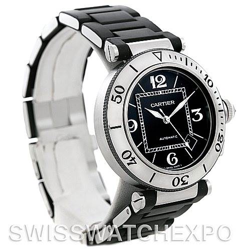 The image shows a Cartier Pasha W31077U2 Men
s Stainless Steel Black Dial W31077U2 Men
s Stainless Steel Black Dial model watch from an angled side view, displaying its face and band.