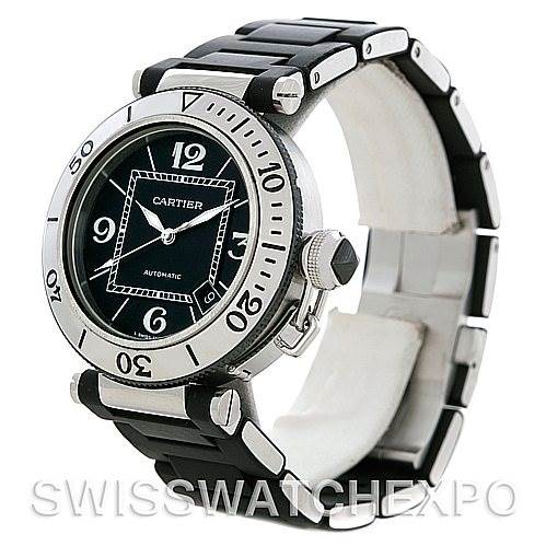 The image shows a three-quarter view of a Cartier Pasha W31077U2 Men
s Stainless Steel Black Dial W31077U2 Men
s Stainless Steel Black Dial watch, highlighting its stainless steel bezel, black dial, and bracelet.