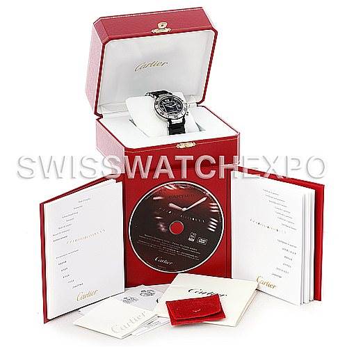 The Cartier Pasha W31077U2 Men
s Stainless Steel Black Dial W31077U2 Men
s Stainless Steel Black Dial watch is shown from the front, accompanied by its red box, booklet, CD, and documents.