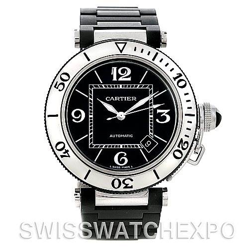 The image shows a frontal view of the Cartier Pasha W31077U2 Men's Stainless Steel Black Dial W31077U2 Men's Stainless Steel Black Dial model watch, highlighting the dial, bezel, and strap.