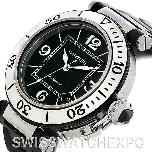 The image shows a Cartier Pasha W31077U2 Men's Stainless Steel Black Dial W31077U2 Men's Stainless Steel Black Dial watch from an angled side view, highlighting the face, bezel, crown, and part of the strap.