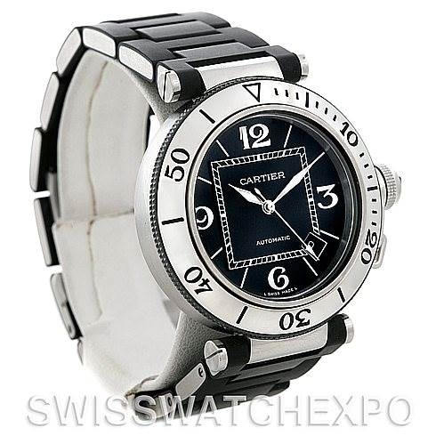 The watch is a Cartier Pasha W31077U2 Men's Stainless Steel Black Dial W31077U2 Men's Stainless Steel Black Dial model shown at a three-quarter angle, highlighting its bezel, dial, and part of the black strap.
