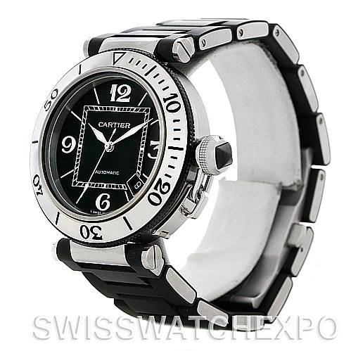 This image shows a Cartier Pasha W31077U2 Men's Stainless Steel Black Dial W31077U2 Men's Stainless Steel Black Dial model watch at an angle highlighting the face, bezel, crown guard, and bracelet.