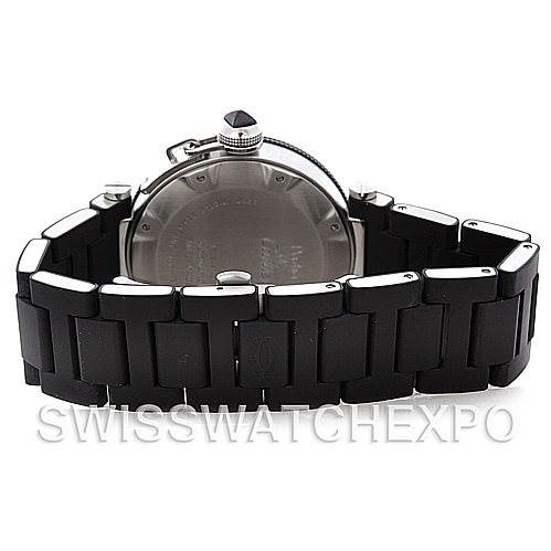 This image shows the back case and rubber bracelet of a Cartier Pasha W31077U2 Men's Stainless Steel Black Dial W31077U2 Men's Stainless Steel Black Dial watch at a slight angle.