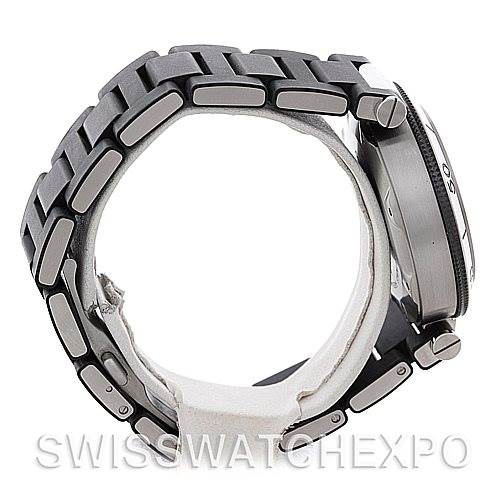 The image shows a side view of the Cartier Pasha W31077U2 Men's Stainless Steel Black Dial W31077U2 Men's Stainless Steel Black Dial watch focusing on the bracelet and the crown area.