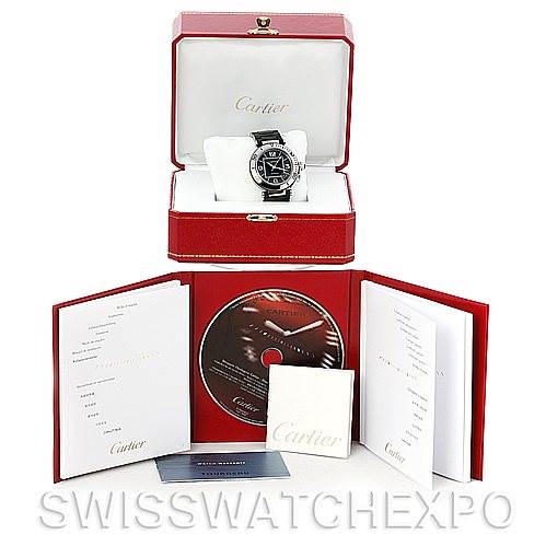 The image shows a Cartier Pasha W31077U2 Men's Stainless Steel Black Dial W31077U2 Men's Stainless Steel Black Dial watch set at a front angle with its box, booklet, CD, and card.