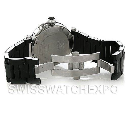 The image shows the back and clasp of a Cartier Pasha W31077U2 Men's Stainless Steel Black Dial W31077U2 Men's Stainless Steel Black Dial watch, highlighting its black strap and deployment clasp.
