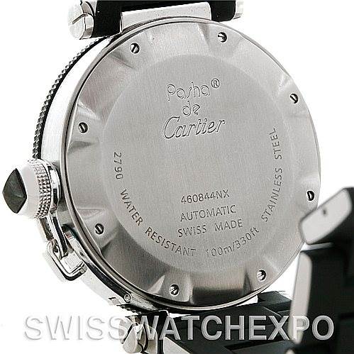This image shows the back case and crown of the Cartier Pasha W31077U2 Men's Stainless Steel Black Dial W31077U2 Men's Stainless Steel Black Dial watch, highlighting its markings and stainless steel build.