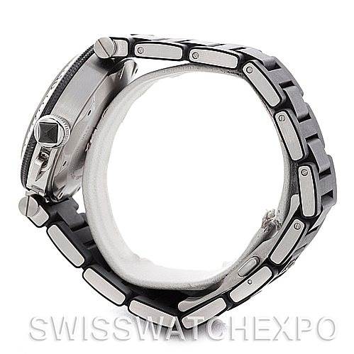 This image shows a side view of the Cartier Pasha W31077U2 Men's Stainless Steel Black Dial W31077U2 Men's Stainless Steel Black Dial watch, focusing on the bracelet and case.