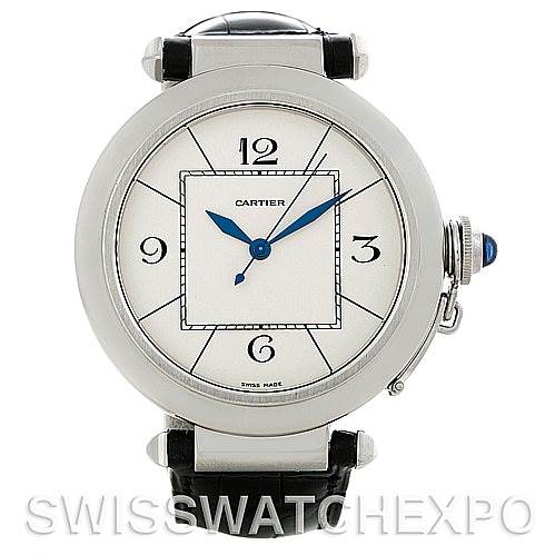 The image shows a front-facing view of a Cartier Pasha W3107255 Men
s Stainless Steel Silver Dial W3107255 Men
s Stainless Steel Silver Dial watch, highlighting its face, hands, and part of the strap.