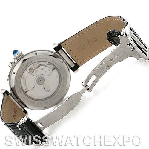 This image shows the back of the Cartier Pasha W3107255 Men
s Stainless Steel Silver Dial W3107255 Men
s Stainless Steel Silver Dial watch, highlighting the movement and the leather strap with an opened clasp.