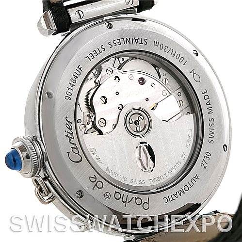 This image shows the back of the Cartier Pasha W3107255 Men
s Stainless Steel Silver Dial W3107255 Men
s Stainless Steel Silver Dial model watch, displaying its internal mechanics and stainless steel casing.