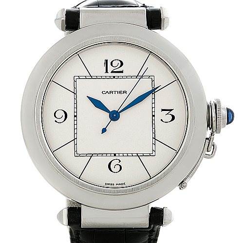 This image shows a front view of the Cartier Pasha W3107255 Men
s Stainless Steel Silver Dial W3107255 Men
s Stainless Steel Silver Dial watch, displaying its dial, blue hands, crown, and part of the leather strap.