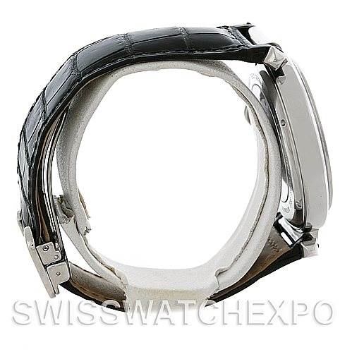 Side view of a Cartier Pasha W3107255 Men
s Stainless Steel Silver Dial W3107255 Men
s Stainless Steel Silver Dial watch showing the case, crown, and black leather strap.