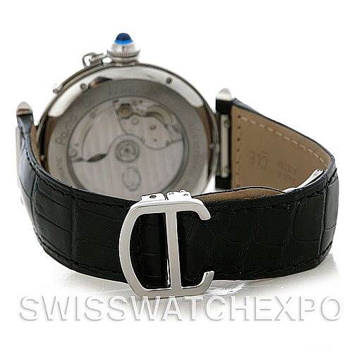This image shows the back view of a Cartier Pasha W3107255 Men
s Stainless Steel Silver Dial W3107255 Men
s Stainless Steel Silver Dial watch, highlighting its movement and leather strap with a clasp.
