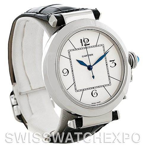 This is a Cartier Pasha W3107255 Men
s Stainless Steel Silver Dial W3107255 Men
s Stainless Steel Silver Dial watch shown from an angled front view, highlighting its face, blue hands, and part of its black leather strap.