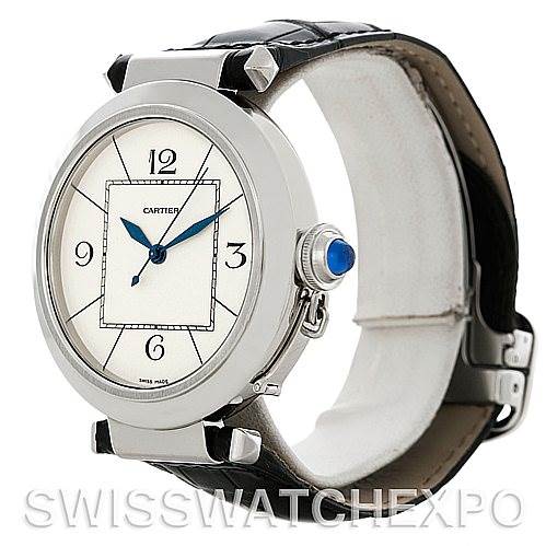 The image shows a side angled view of the Cartier Pasha W3107255 Men
s Stainless Steel Silver Dial W3107255 Men
s Stainless Steel Silver Dial watch, highlighting the watch face, crown, and black leather strap.