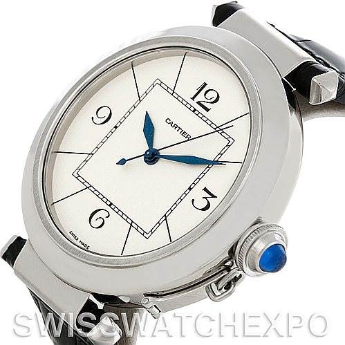 This image shows the Cartier Pasha W3107255 Men
s Stainless Steel Silver Dial W3107255 Men
s Stainless Steel Silver Dial watch at an angle displaying its face, blue hands, crown, and part of the strap.