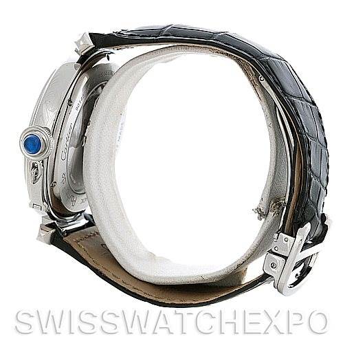 The image shows a side view of the Cartier Pasha W3107255 Men
s Stainless Steel Silver Dial W3107255 Men
s Stainless Steel Silver Dial watch, featuring the crown with a blue cabochon and the black leather strap with its buckle.