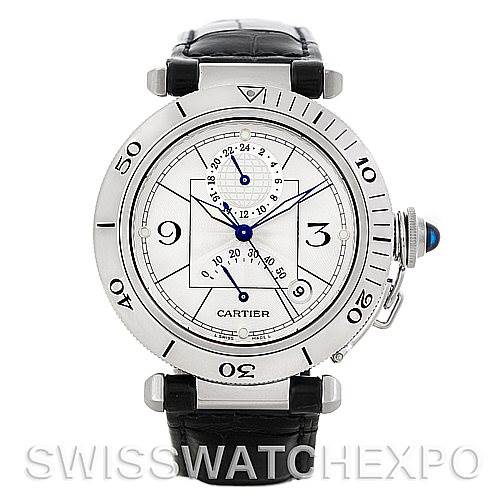 The image shows a front view of a Cartier Pasha W31037H3 Men
s Stainless Steel Silver Dial W31037H3 Men
s Stainless Steel Silver Dial watch with a silver dial, black leather strap, and a blue gem on the crown.