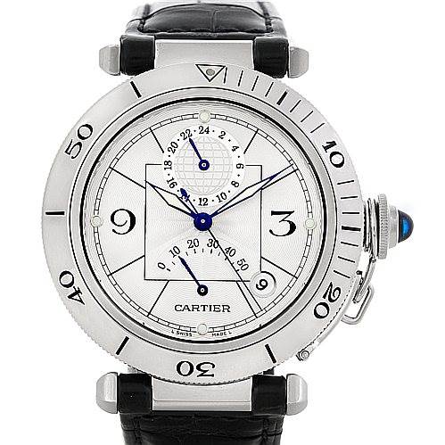 This image shows a front view of the Cartier Pasha W31037H3 Men
s Stainless Steel Silver Dial W31037H3 Men
s Stainless Steel Silver Dial watch with its dial, bezel, hands, and leather strap visible.