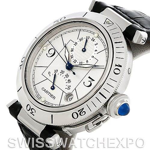 The image shows the Cartier Pasha W31037H3 Men
s Stainless Steel Silver Dial W31037H3 Men
s Stainless Steel Silver Dial watch at an angled close-up, highlighting the dial, bezel with numerals, and crown with blue cabochon.
