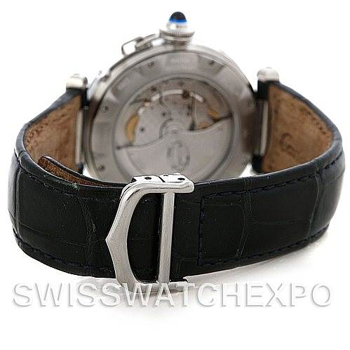 The image shows the back of a Cartier Pasha W31037H3 Men
s Stainless Steel Silver Dial W31037H3 Men
s Stainless Steel Silver Dial watch, including the case, movement, and leather strap with a visible buckle.