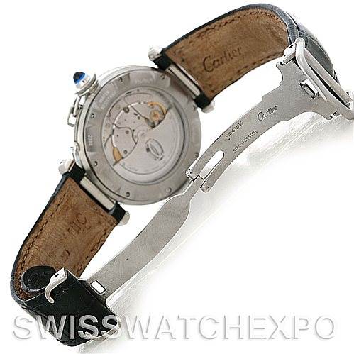 The image shows the back view of the Cartier Pasha W31037H3 Men
s Stainless Steel Silver Dial W31037H3 Men
s Stainless Steel Silver Dial watch, highlighting its movement and part of the leather strap with the clasp.