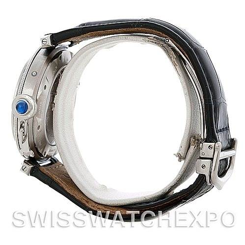 This image shows a side view of the Cartier Pasha W31037H3 Men
s Stainless Steel Silver Dial W31037H3 Men
s Stainless Steel Silver Dial watch, highlighting the crown, case, and leather strap with a buckle.