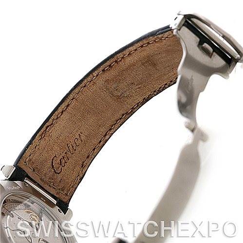 The image shows the inner leather strap and buckle of a Cartier Pasha W31037H3 Men
s Stainless Steel Silver Dial W31037H3 Men
s Stainless Steel Silver Dial watch from a close-up side angle.