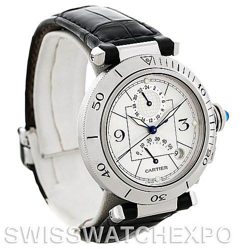 The image shows a Cartier Pasha W31037H3 Men
s Stainless Steel Silver Dial W31037H3 Men
s Stainless Steel Silver Dial watch at a slight angle, displaying its face, bezel, and black leather strap.