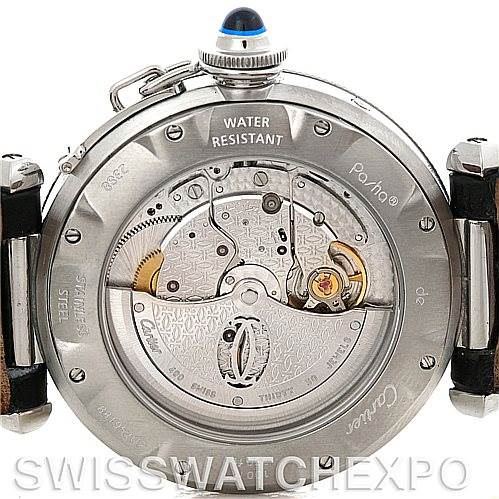 This is a rear view of the Cartier Pasha W31037H3 Men
s Stainless Steel Silver Dial W31037H3 Men
s Stainless Steel Silver Dial model watch, showing its exposed mechanical movement and water resistance markings.