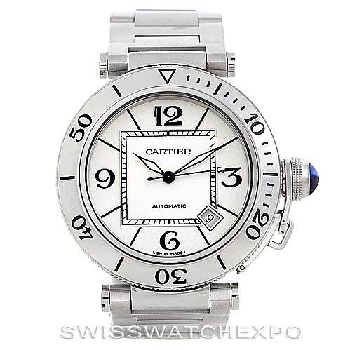 This image shows a front view of the Cartier Pasha W31080M7 Men
s Stainless Steel Silver Dial W31080M7 Men
s Stainless Steel Silver Dial watch, highlighting the dial, bezel, crown with a blue cabochon, and bracelet.